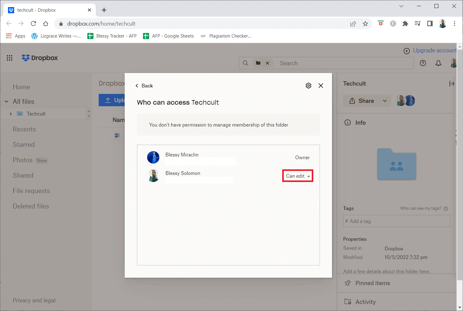 Cliquez sur l'option Peut modifier à côté de votre compte dans la liste de toutes les personnes pouvant accéder au groupe