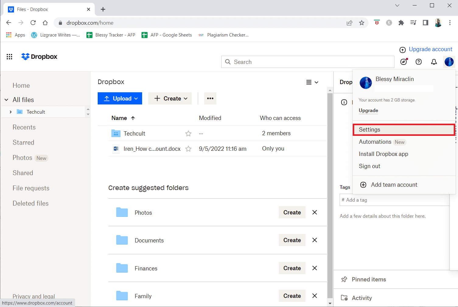 Cliquez sur Paramètres | comment supprimer un compte Dropbox