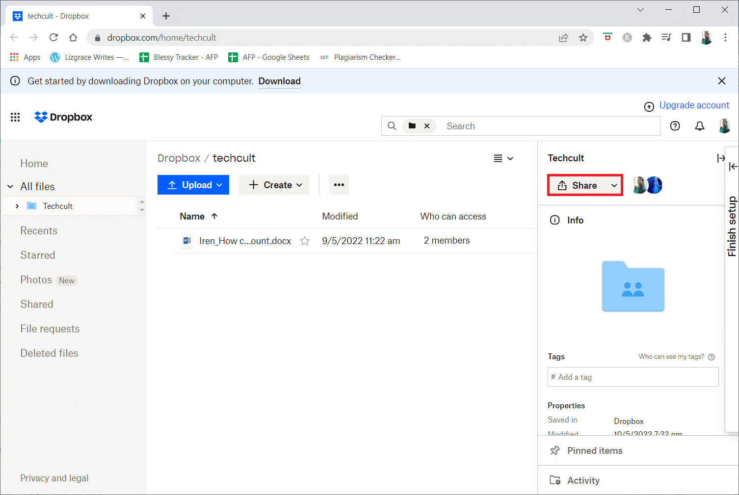 cliquez sur Partager dans le volet droit de l'écran | Comment puis-je me retirer d'un groupe Dropbox