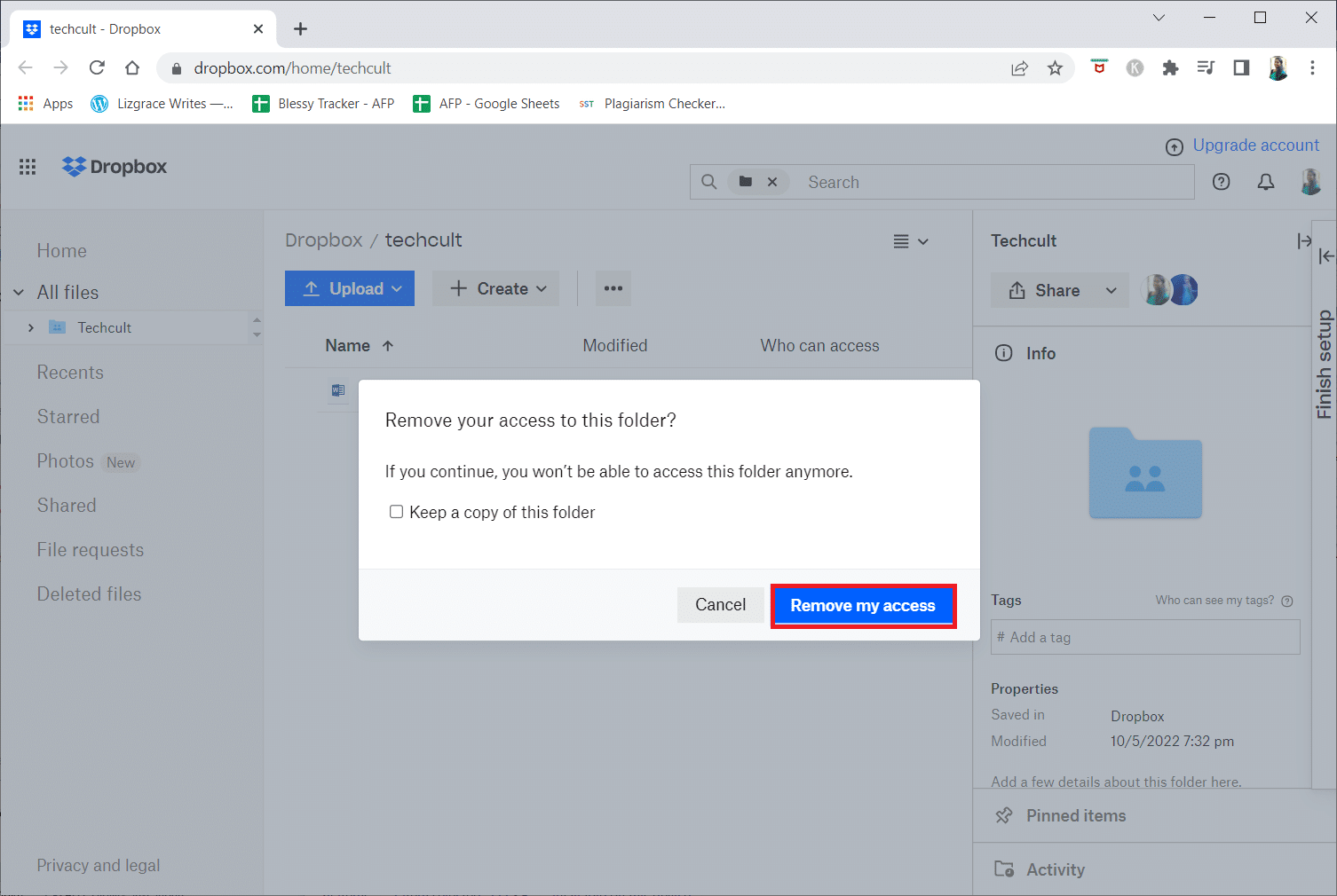 cliquez à nouveau sur Supprimer mon accès dans la pop-up | Comment puis-je me retirer d'un groupe Dropbox