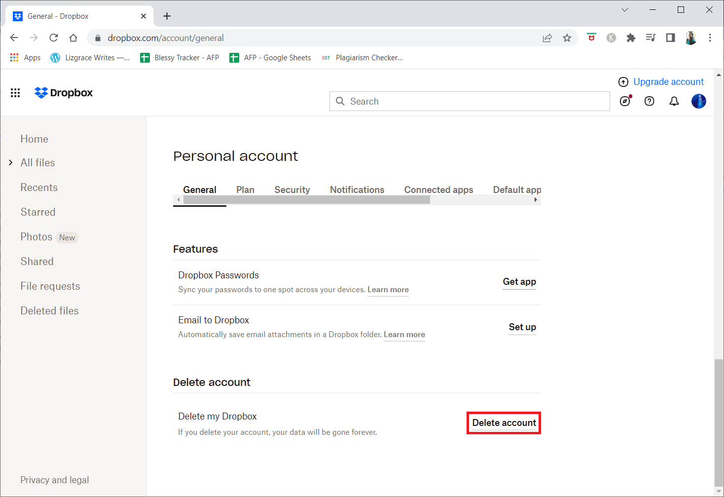 Cliquez sur l'option Supprimer le compte pour Supprimer ma Dropbox | Comment puis-je me retirer d'un groupe Dropbox