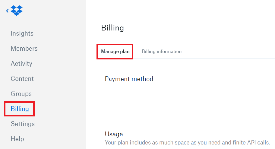 Cliquez sur l'onglet Facturation - Gérer le forfait | Comment puis-je me retirer d'un groupe Dropbox
