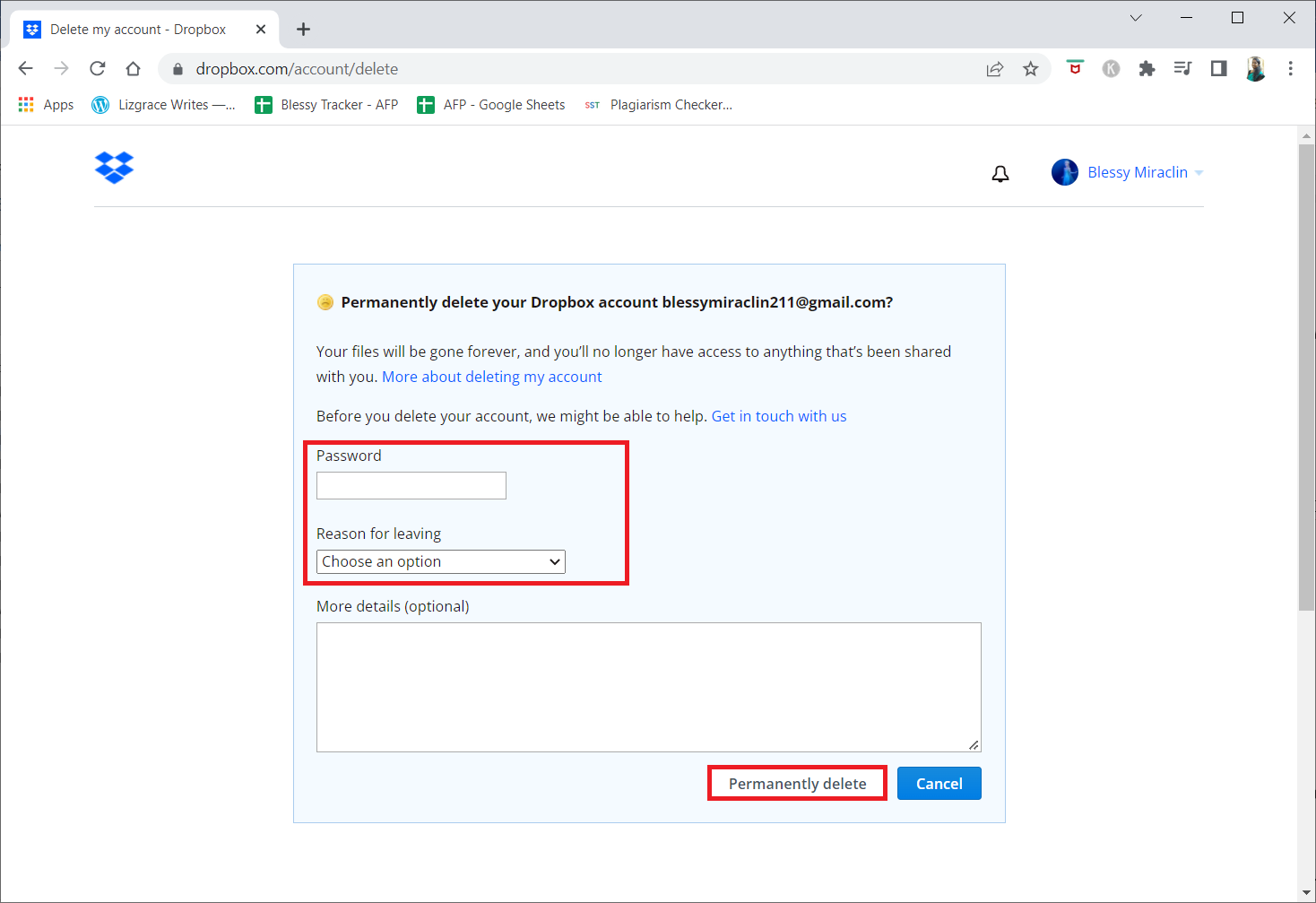 Entrez le mot de passe de votre compte, choisissez un motif de départ et cliquez sur l'option Supprimer définitivement