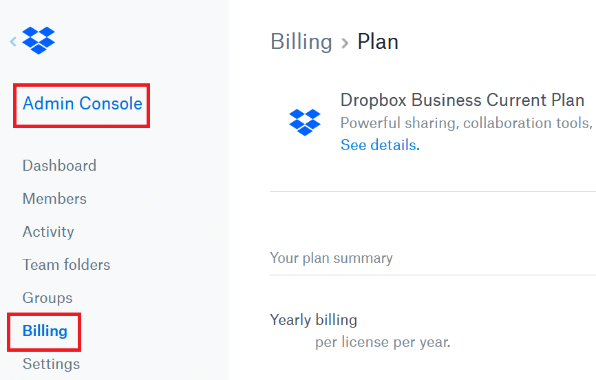 Cliquez sur Admin Console - Facturation dans la liste du menu du volet de gauche