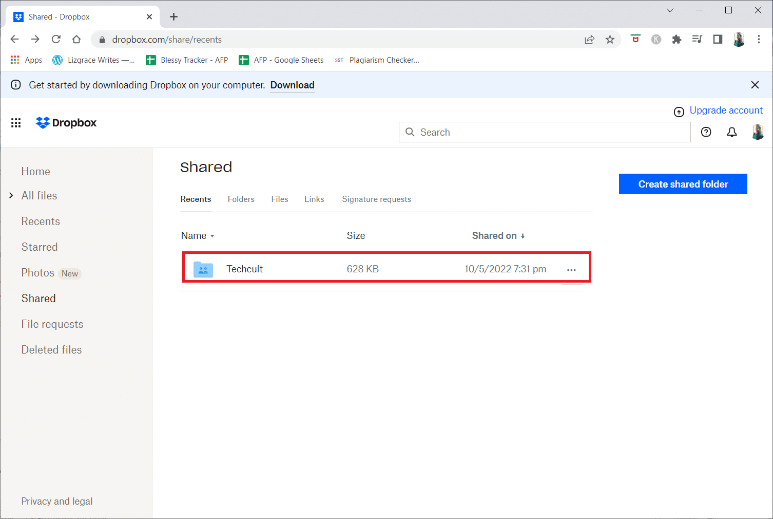 Cliquez sur le nom du dossier souhaité. Dans ce cas, nous avons sélectionné Techcult | comment supprimer un compte Dropbox