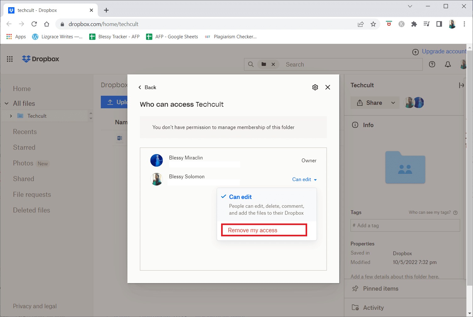 cliquez sur l'option Supprimer mon accès dans le menu déroulant