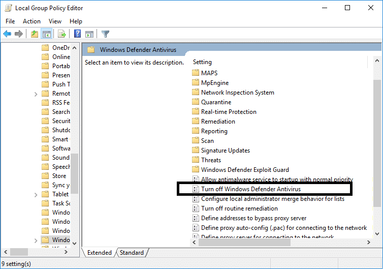 Clique duas vezes em Desativar a política de antivírus do Windows Defender
