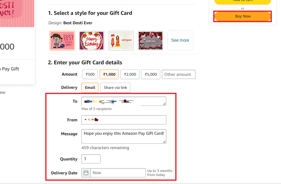 Entrez les détails de la carte-cadeau et cliquez sur Acheter maintenant | Comment transférer le solde de la carte-cadeau Amazon vers un autre compte