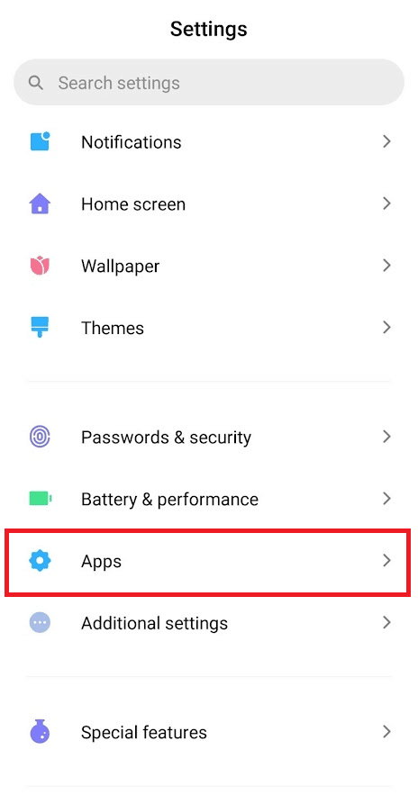 Abra la aplicación Configuración y toque la opción Aplicaciones