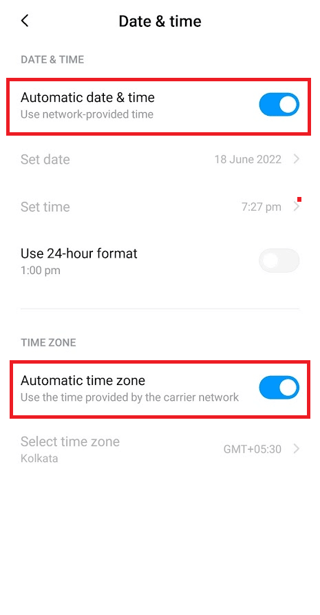 Encienda la palanca para Datos y hora automáticos y Zona horaria automática