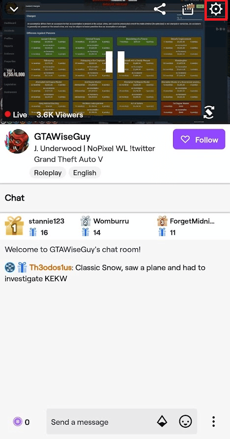 Toque el icono de engranaje de Configuración | Arreglar la aplicación Twitch que no funciona en Android
