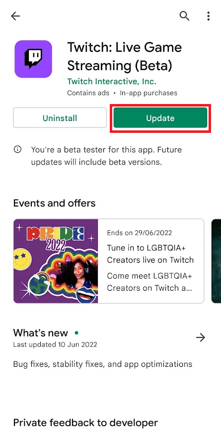 Toque la opción Actualizar para actualizar la aplicación Twitch a la última versión | Arreglar la aplicación Twitch que no funciona en Android