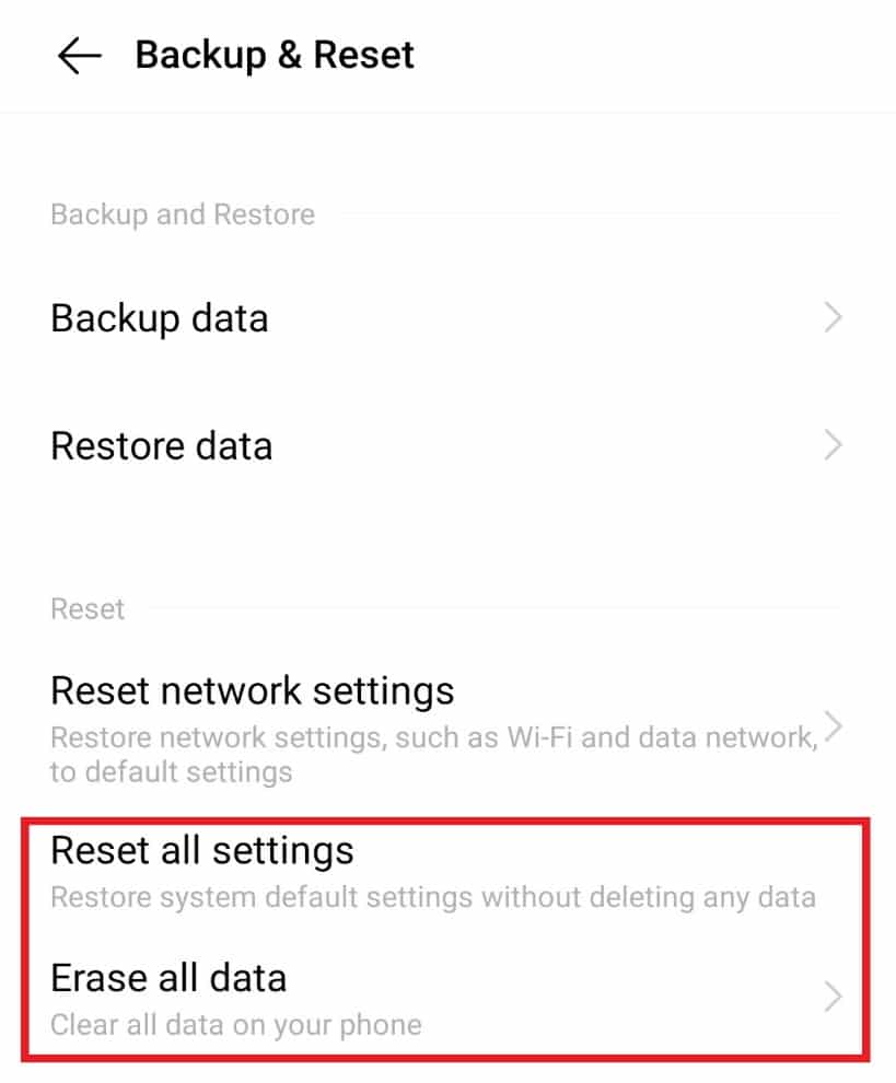 Pilih setel ulang semua pengaturan dan hapus semua data