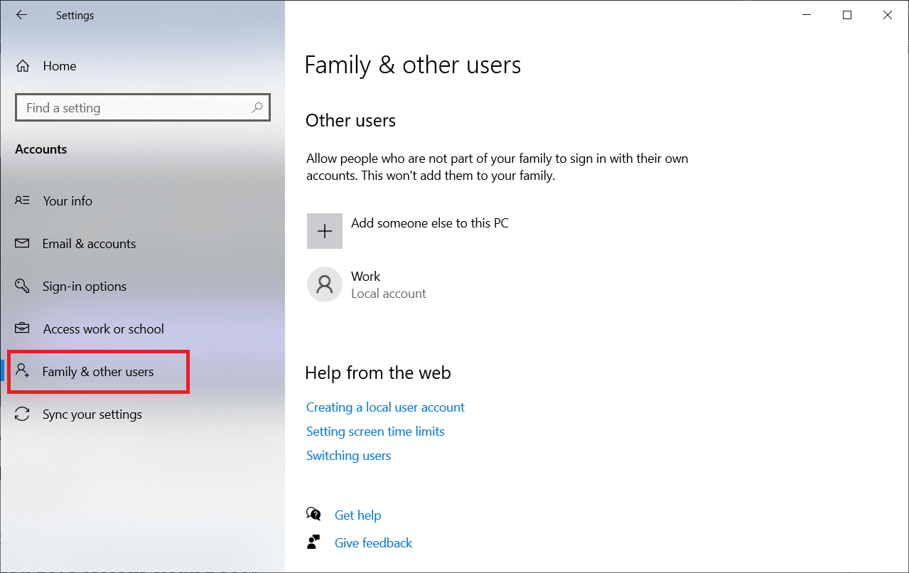 左側のペインで[家族と他のユーザー]をクリックします。 MicrosoftSolitaireコレクションが機能しない問題を修正