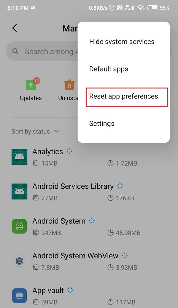 Selecione o botão Redefinir preferências do aplicativo no menu suspenso | Como corrigir o erro Android.Process.Media parou