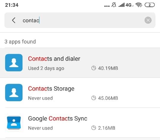 Siga as etapas acima mencionadas para o aplicativo 'Contatos e discador' também