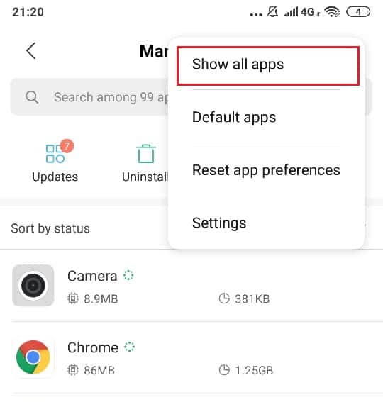 Toque no ícone do menu de três pontos e selecione Mostrar todos os aplicativos | Como corrigir o erro Android.Process.Media parou