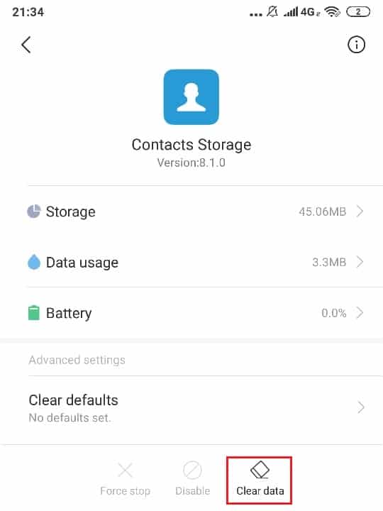 Em Armazenamento de contatos, toque em limpar dados e limpar cache | Corrigir o erro Android.Process.Media parou