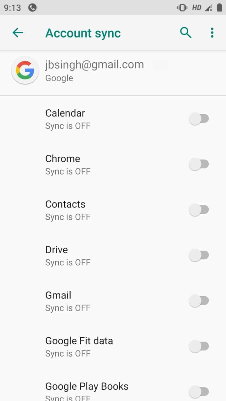Desmarque todas as opções de sincronização para sua conta do Google em configurações