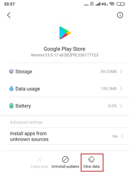 Toque na Google Play Store e depois em limpar dados e limpar cache | Corrigir o erro Android.Process.Media parou