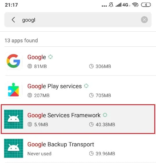 Procure por 'Google Services Framework' e toque nele