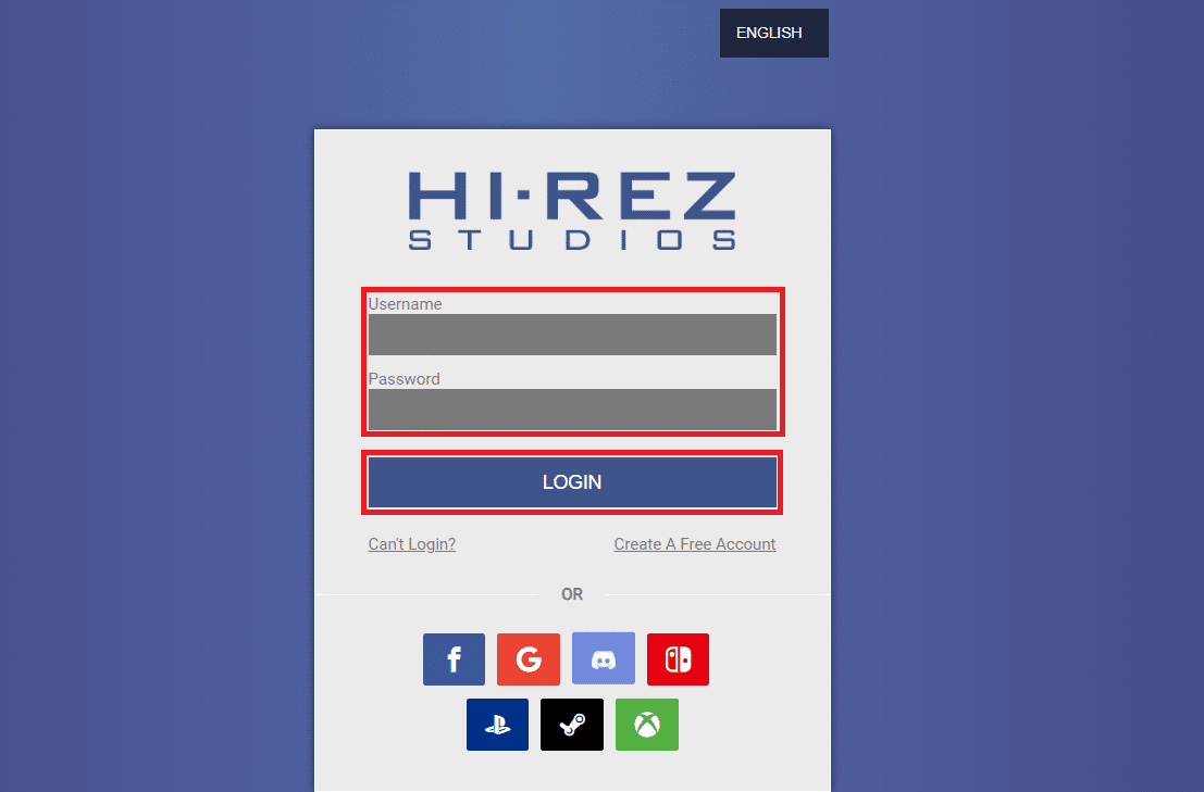 Hi-Rez Studios giriş sayfasını ziyaret edin ve Kullanıcı Adınızı ve Parolanızı girin ve GİRİŞ'e tıklayın
