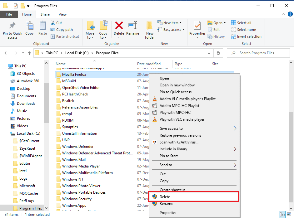 klik pada opsi Hapus. Perbaiki Mozilla Firefox Tidak Dapat Memuat Kesalahan XPCOM di Windows 10