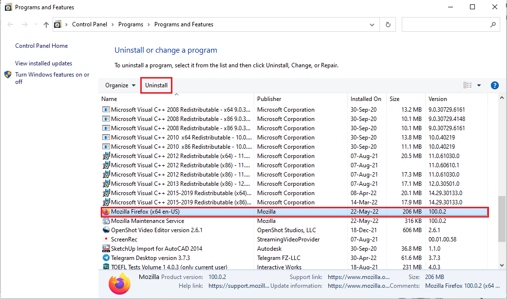Pilih Mozilla Firefox dan klik tombol Uninstall. Perbaiki Mozilla Firefox Tidak Dapat Memuat Kesalahan XPCOM di Windows 10