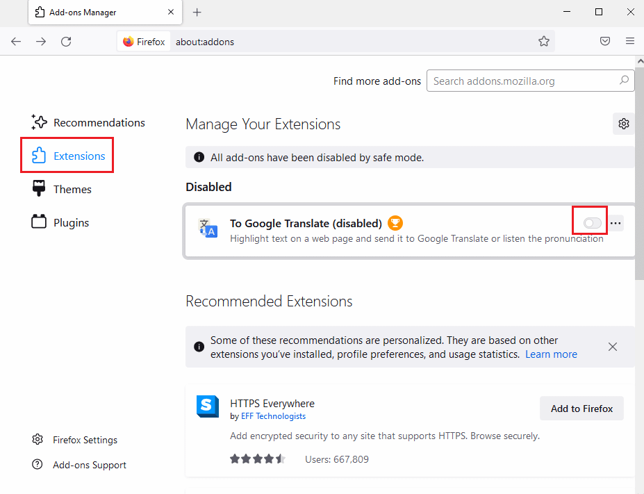 Klik pada tab Extensions di panel kiri jendela berikutnya dan matikan add-on. Perbaiki Mozilla Firefox Tidak Dapat Memuat Kesalahan XPCOM di Windows 10