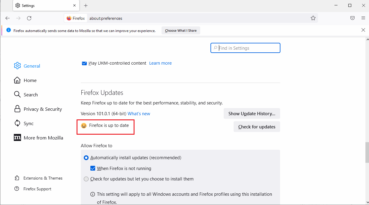 Anda akan melihat pesan Firefox up to date. Perbaiki Mozilla Firefox Tidak Dapat Memuat Kesalahan XPCOM di Windows 10