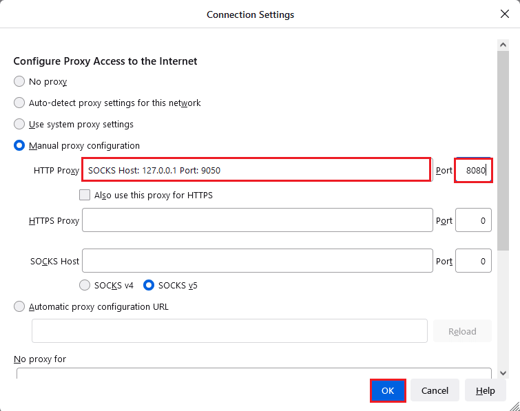 Ketik SOCKS Host 127.0.0.1 Port 9050 di bidang Proxy HTTP dan ketik 8080 di bidang Port