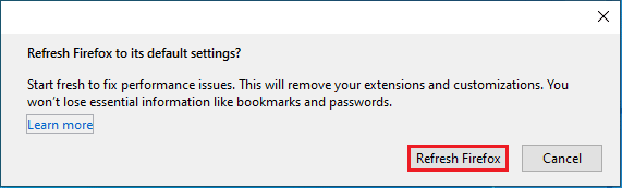 Klik tombol Segarkan Firefox di Segarkan Firefox ke jendela pengaturan default