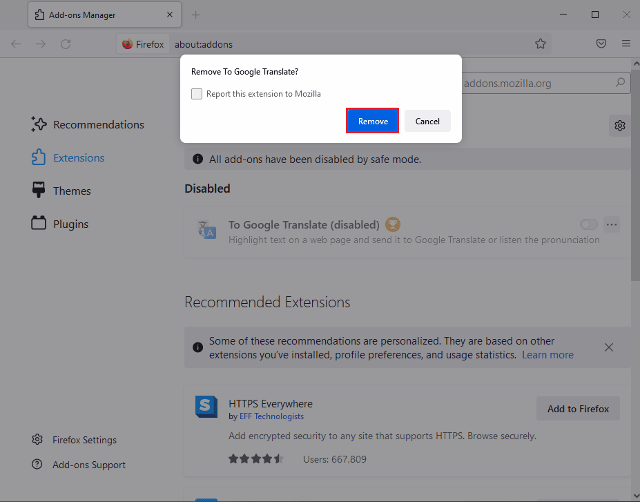 Klik tombol Hapus. Perbaiki Mozilla Firefox Tidak Dapat Memuat Kesalahan XPCOM di Windows 10