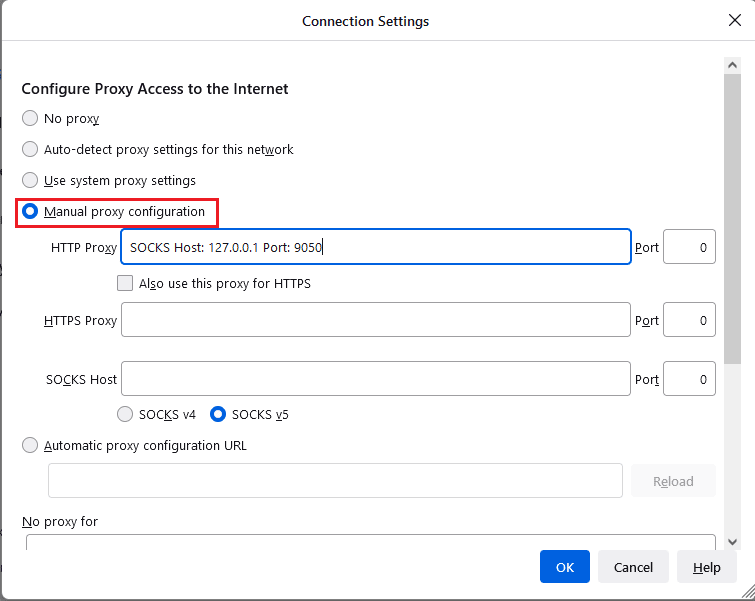 Pilih opsi Konfigurasi proxy manual pada jendela Pengaturan Koneksi
