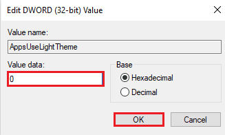 قم بتغيير بيانات القيمة إلى 0 وانقر فوق موافق. إصلاح File Explorer Dark Theme لا يعمل على نظام التشغيل Windows 10