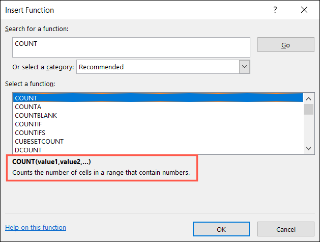 COUNT-Funktionssyntax und -beschreibung in Excel