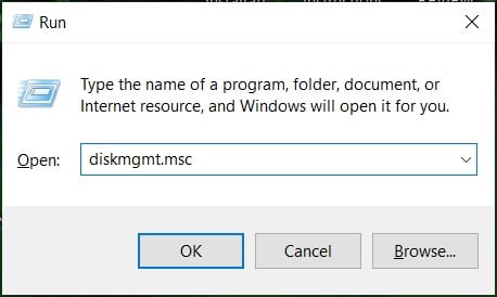 [名前]フィールドにdiskmgmt.mscコマンドを入力し、[OK]をクリックします