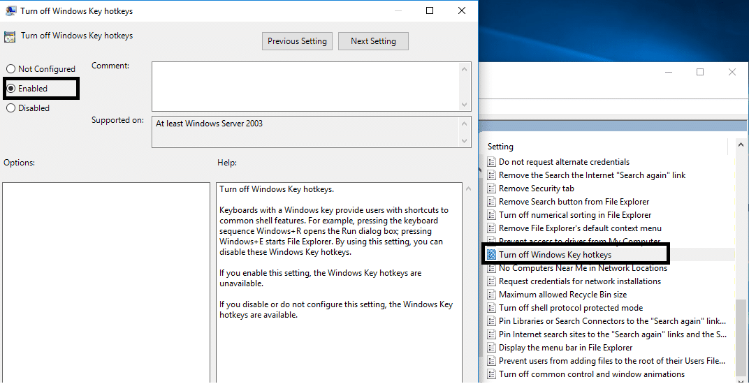 [Windowsキーのホットキーをオフにする]をダブルクリックして、[有効]、[有効]の順に選択します。 Alt + Tabが機能しない問題を修正