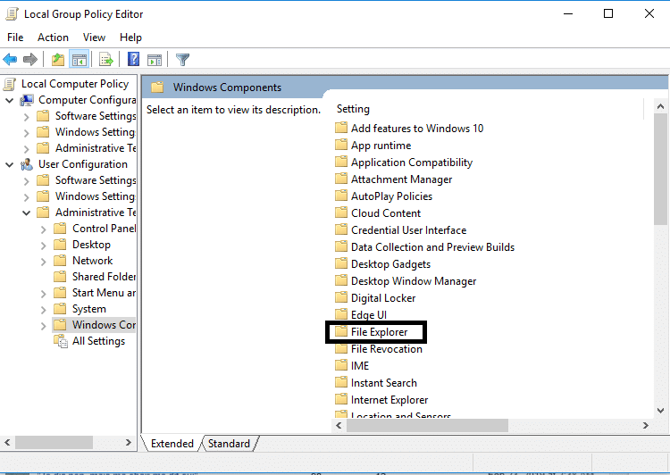 グループポリシーエディターでファイルエクスプローラーに移動します| Alt + TabがWindows10で機能しない問題を修正