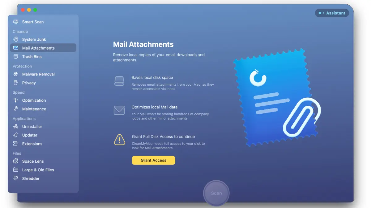 แท็บไฟล์แนบ CleanMyMac X Mail
