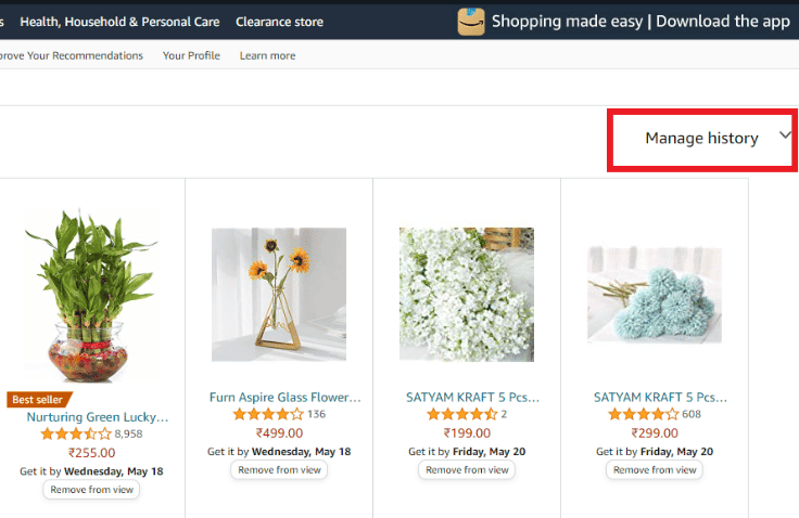 Haga clic en Administrar historial | Historial de pedidos de mi cuenta Amazon