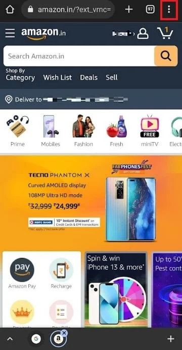 toque el icono de tres puntos en su navegador desde la esquina superior derecha | ocultar el historial de pedidos de Amazon