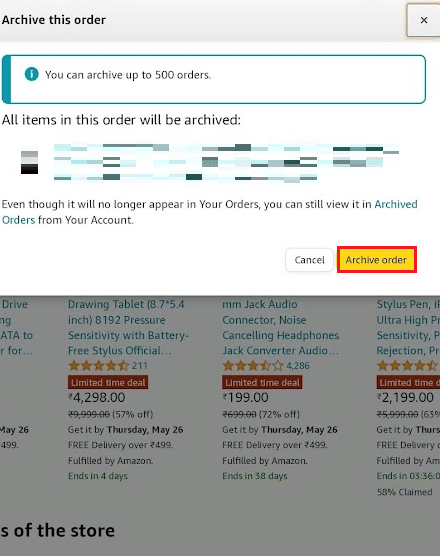 Toque Archivar pedido una vez más para la confirmación emergente | Historial de pedidos de mi cuenta Amazon