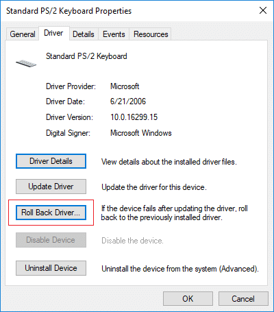 Klavye sürücüsünün önceki sürümünü yeniden yükleyin | Boşluk Çubuğunun Windows 10'da Çalışmamasını Düzeltin