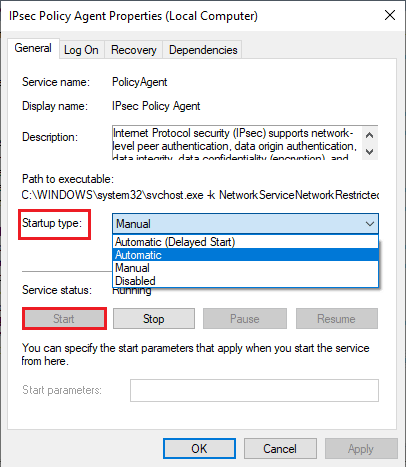 Repetați aceiași pași pentru serviciul IPsec Policy Agent și salvați modificările. Remediați eroarea de conexiune L2TP eșuată