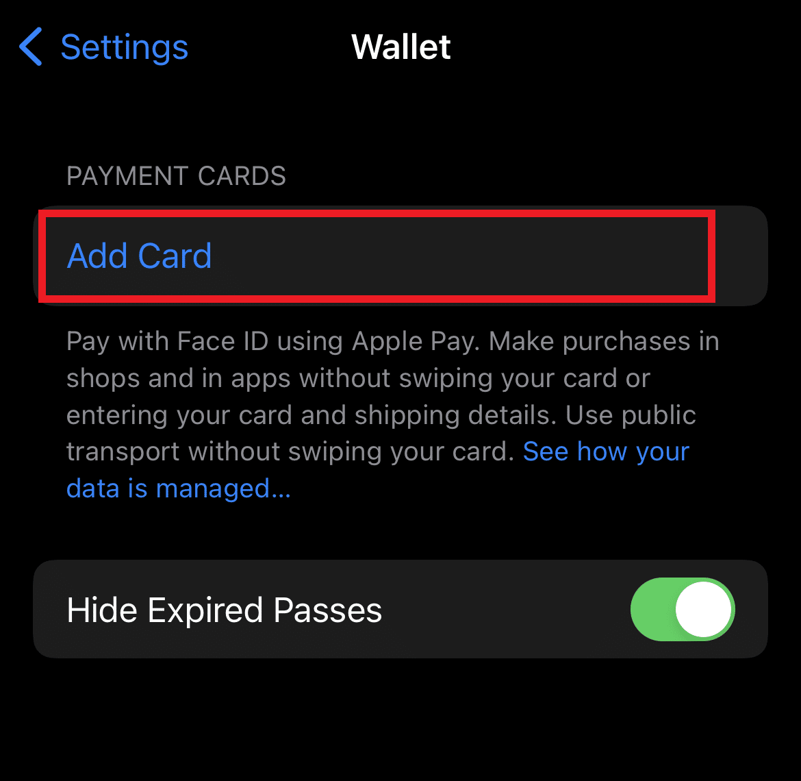 Tippen Sie auf Karte hinzufügen, um Apple Pay eine neue Karte hinzuzufügen