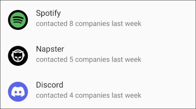 Porównanie aktywności trackerów przez aplikacje Spotify, Napster i Discord na Androida.