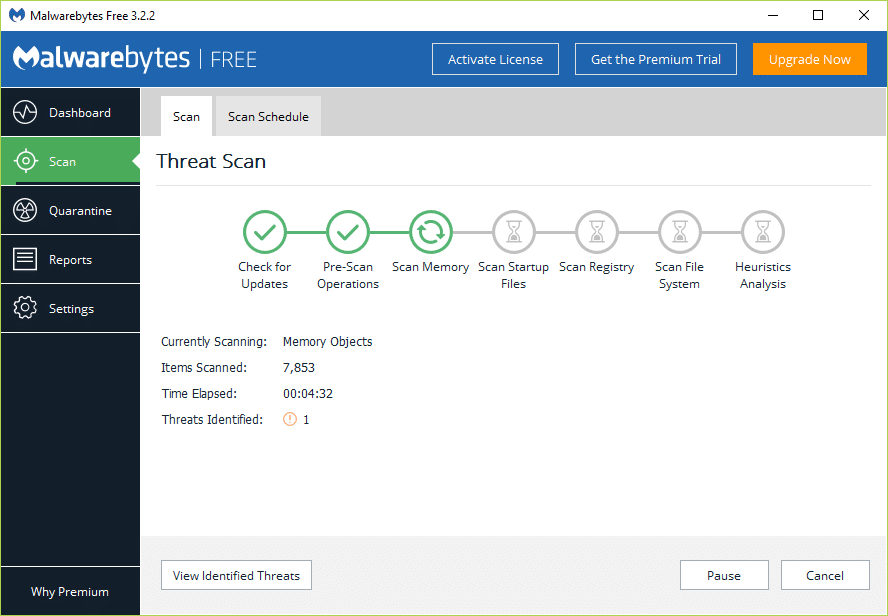 Malwarebytes Anti-MalwareがPCをスキャンしている間、脅威スキャン画面に注意してください。