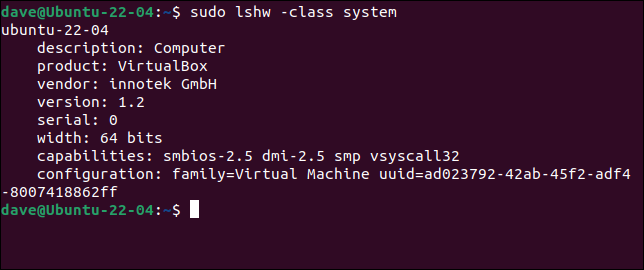 VirtualBoxVMでレポートするlshwコマンド