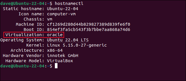仮想化ラインが強調表示されたVirtualBoxVMでのhostnamectlコマンドからの出力